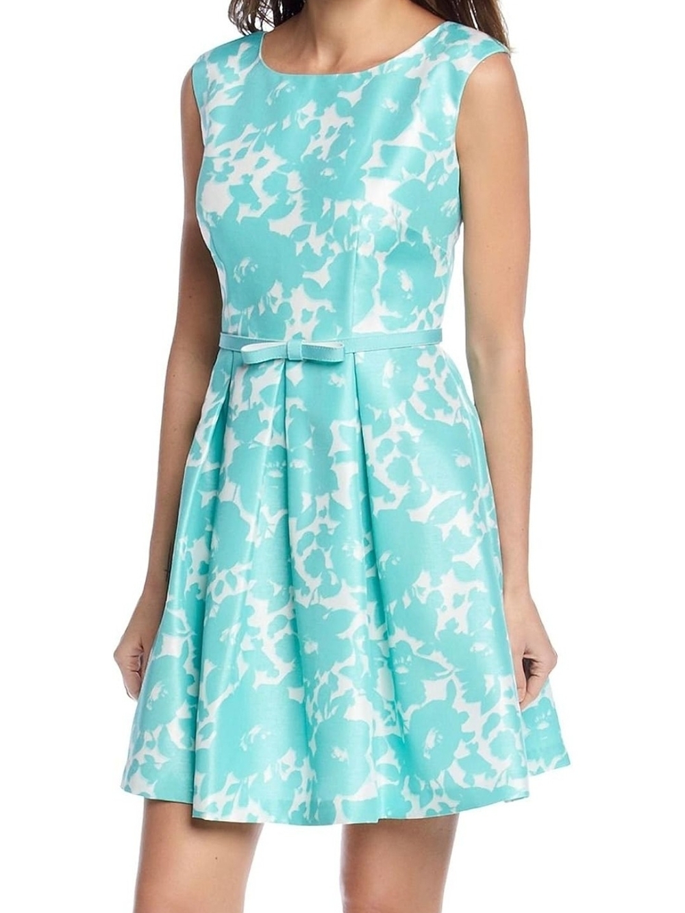 Danny & Nicole Aqua and White Floral Fit-and-Flare Dress with Bow Belt